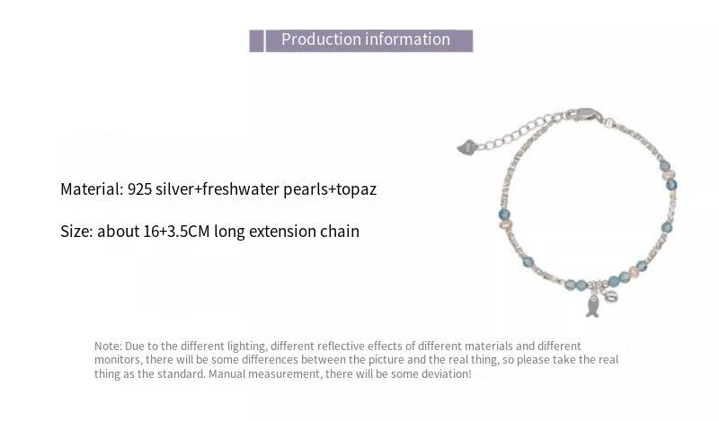 S925 sterling silver blue crystal fish freshwater pearl silver bracelet