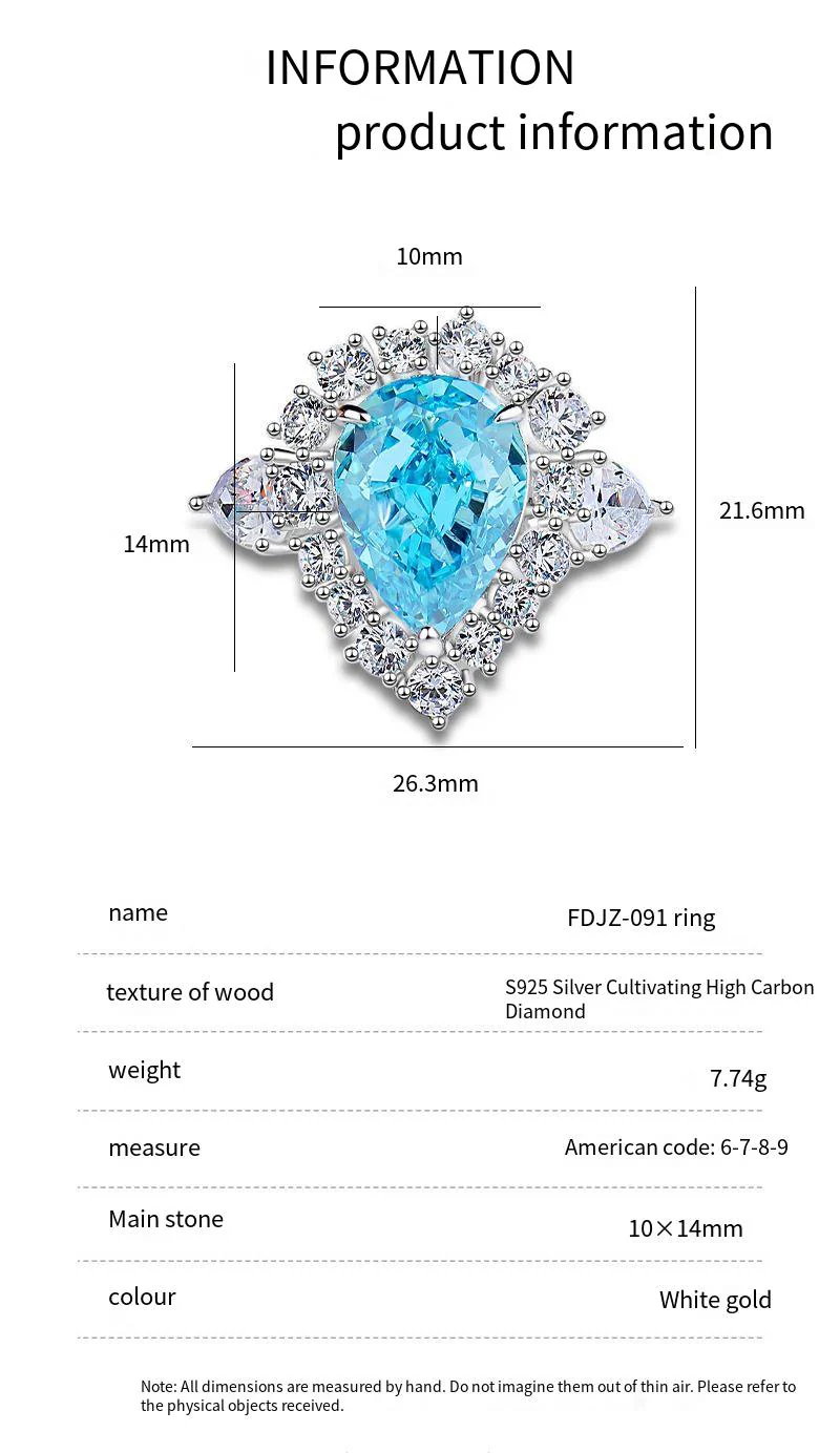 S925 Silver High Carbon Diamond Aquamarine 8A Zircon Reddean gem ring