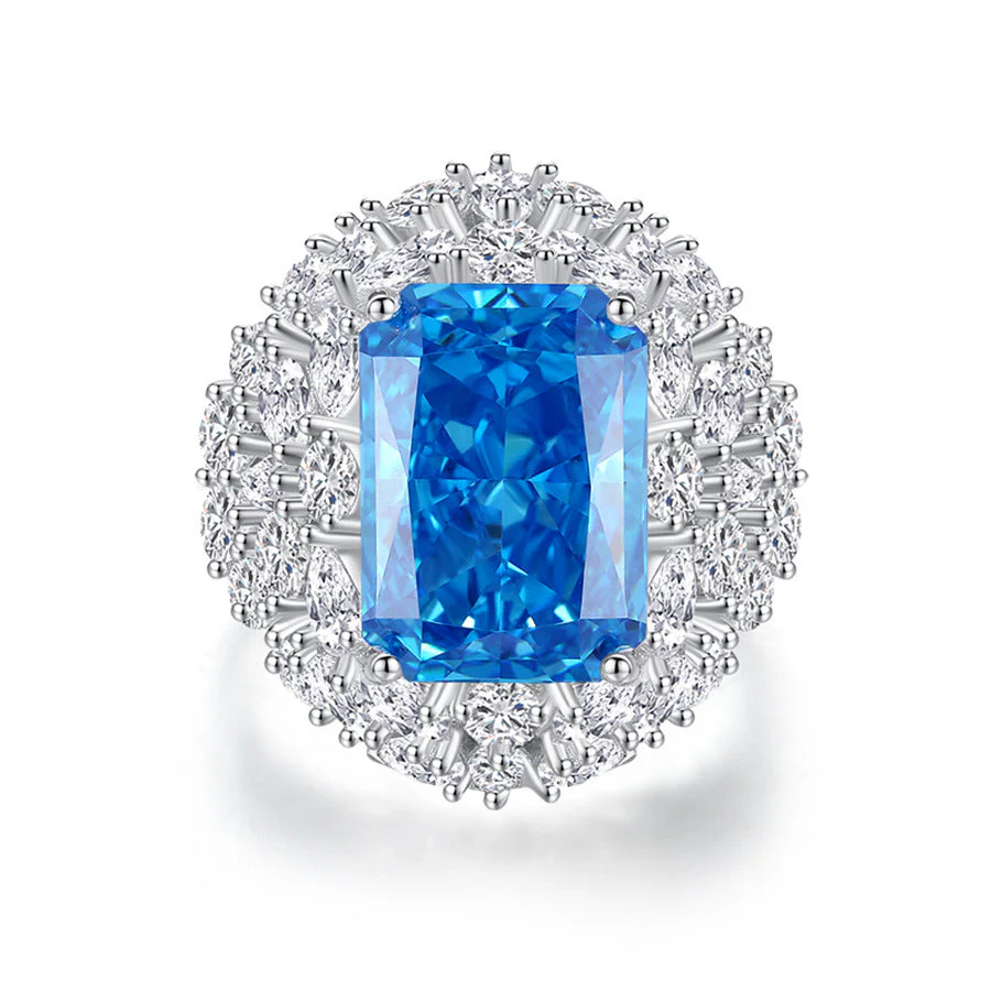 S925 Silver High Carbon Diamond Aquamarine 8A Zircon Reddean gem ring