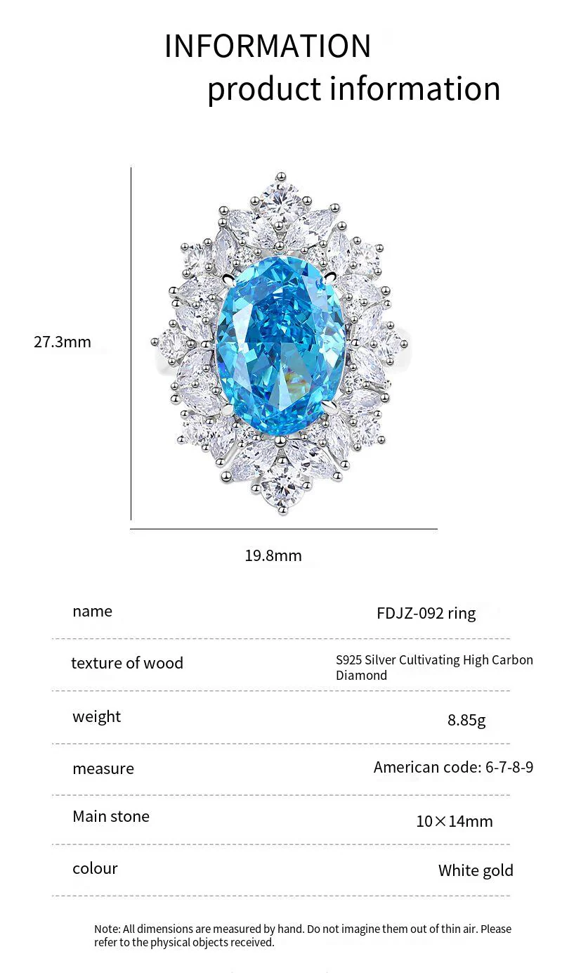 S925 Silver High Carbon Diamond Aquamarine 8A Zircon Reddean gem ring