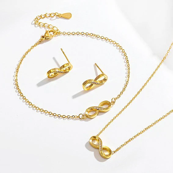 Stainless steel diamond studded infinite loop 8-shaped necklace bracelet earring set