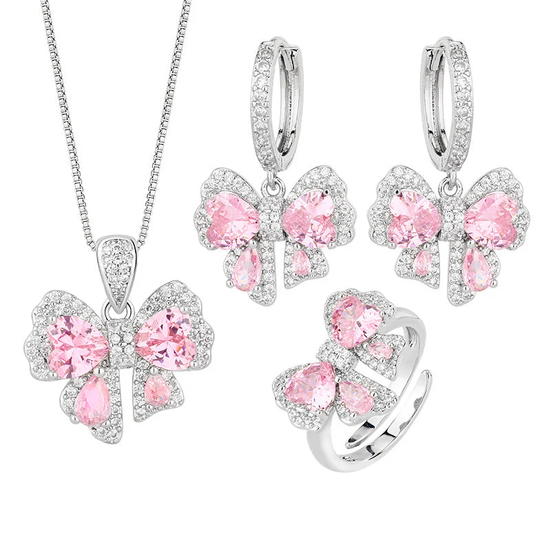 Pink diamond zircon bow earrings ring necklace set