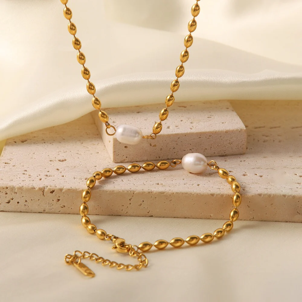 Natural Pearl Gold Stainless Steel Necklace Bracelet