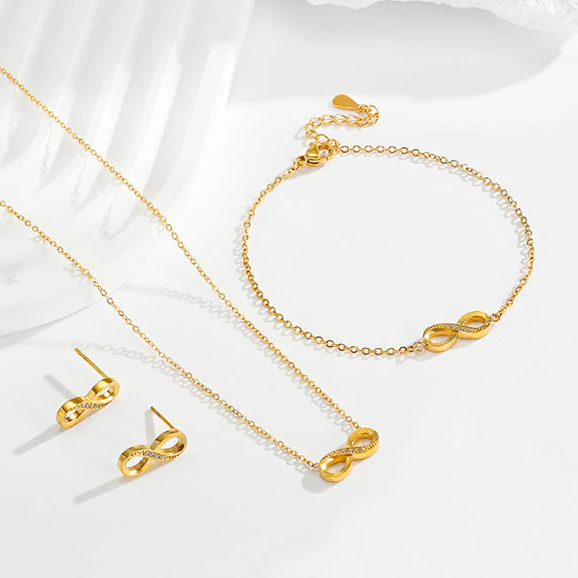 Stainless steel diamond studded infinite loop 8-shaped necklace bracelet earring set
