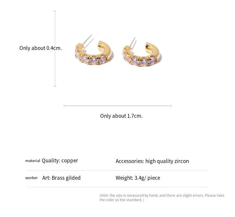 zircon inlaid C- shaped glossy earrings