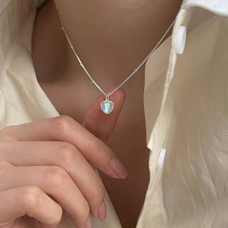 S925 sterling silver gradient colorful moonstone love necklace