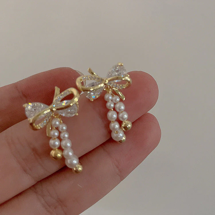 Zircon Pearl Bow Tassel Earrings