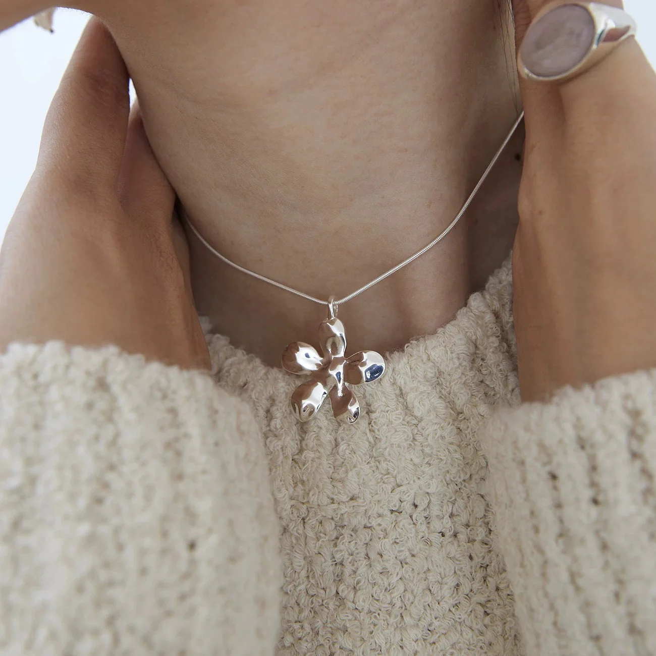 Silver Flower Sweater Chain Necklace