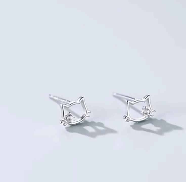 S999 sterling silver hollow cat ear nail earrings