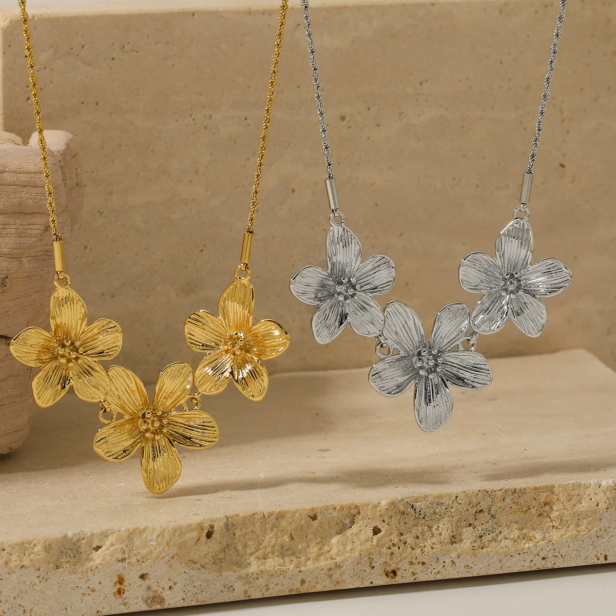 Sweet pleated flowers stainless steel necklace earrings set