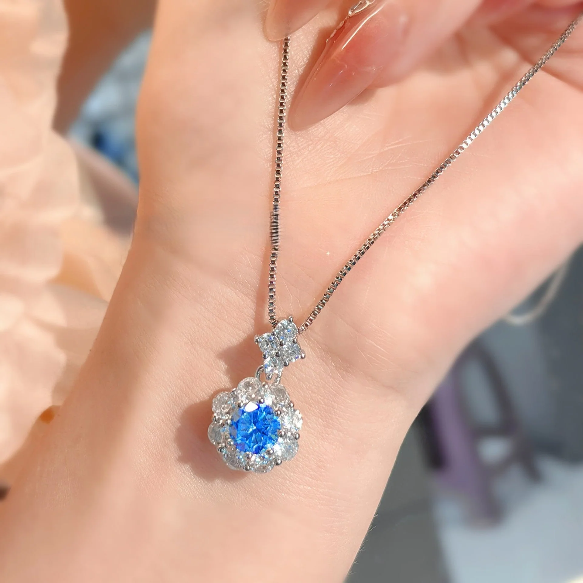 Flower high carbon blue diamond necklace ring earrings set