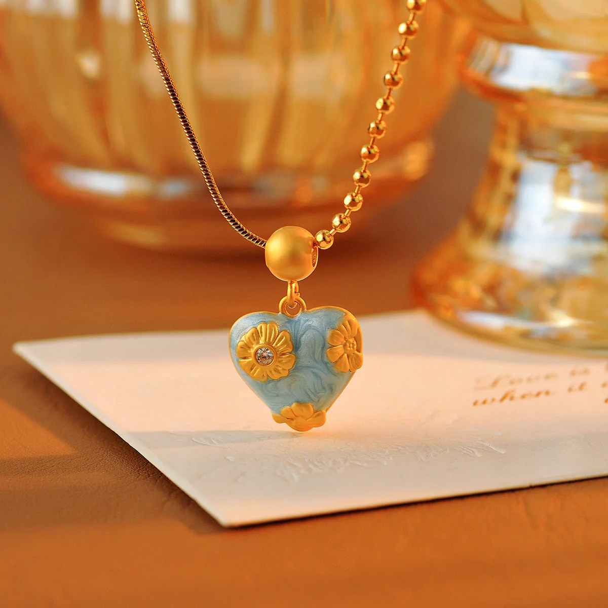 Oil painting sky blue drop glaze carved earrings necklace