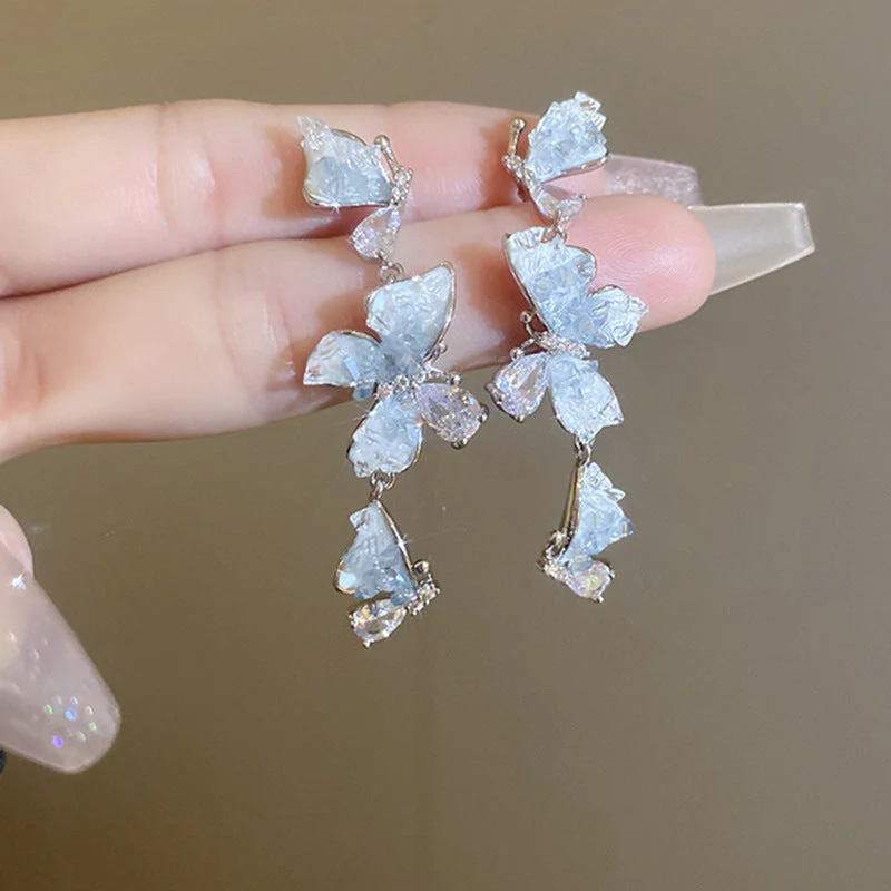 Silver needle gradient blue butterfly flower earrings