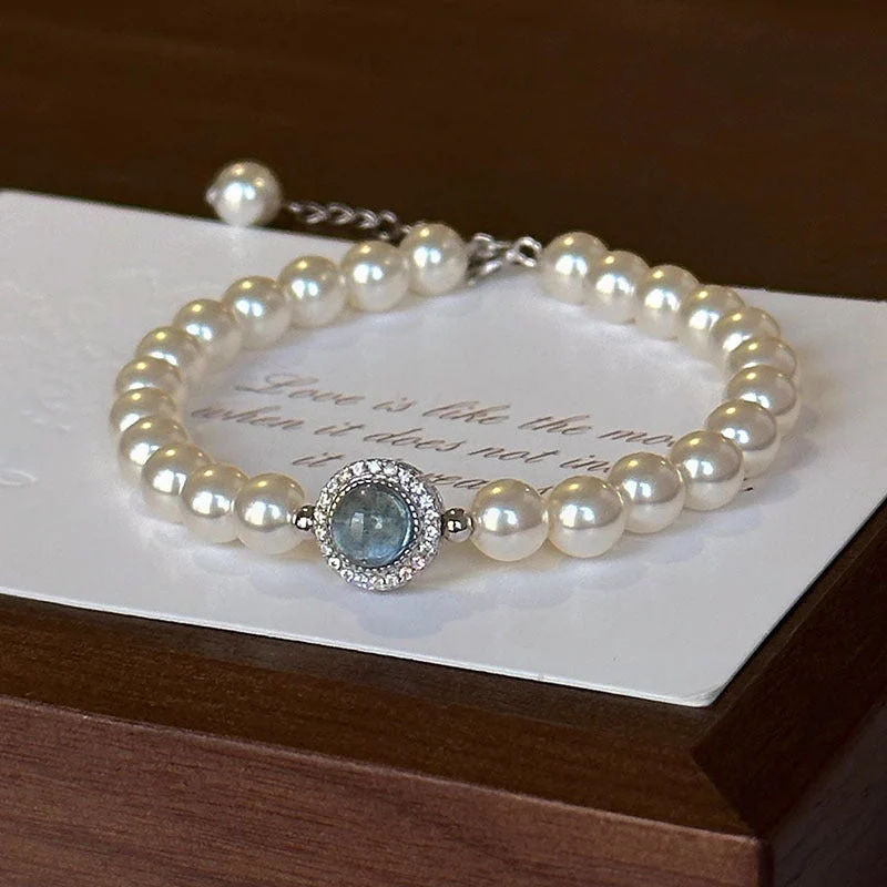 S925 Silver Natural Freshwater Pearl Sea Blue Mercury Bracelet