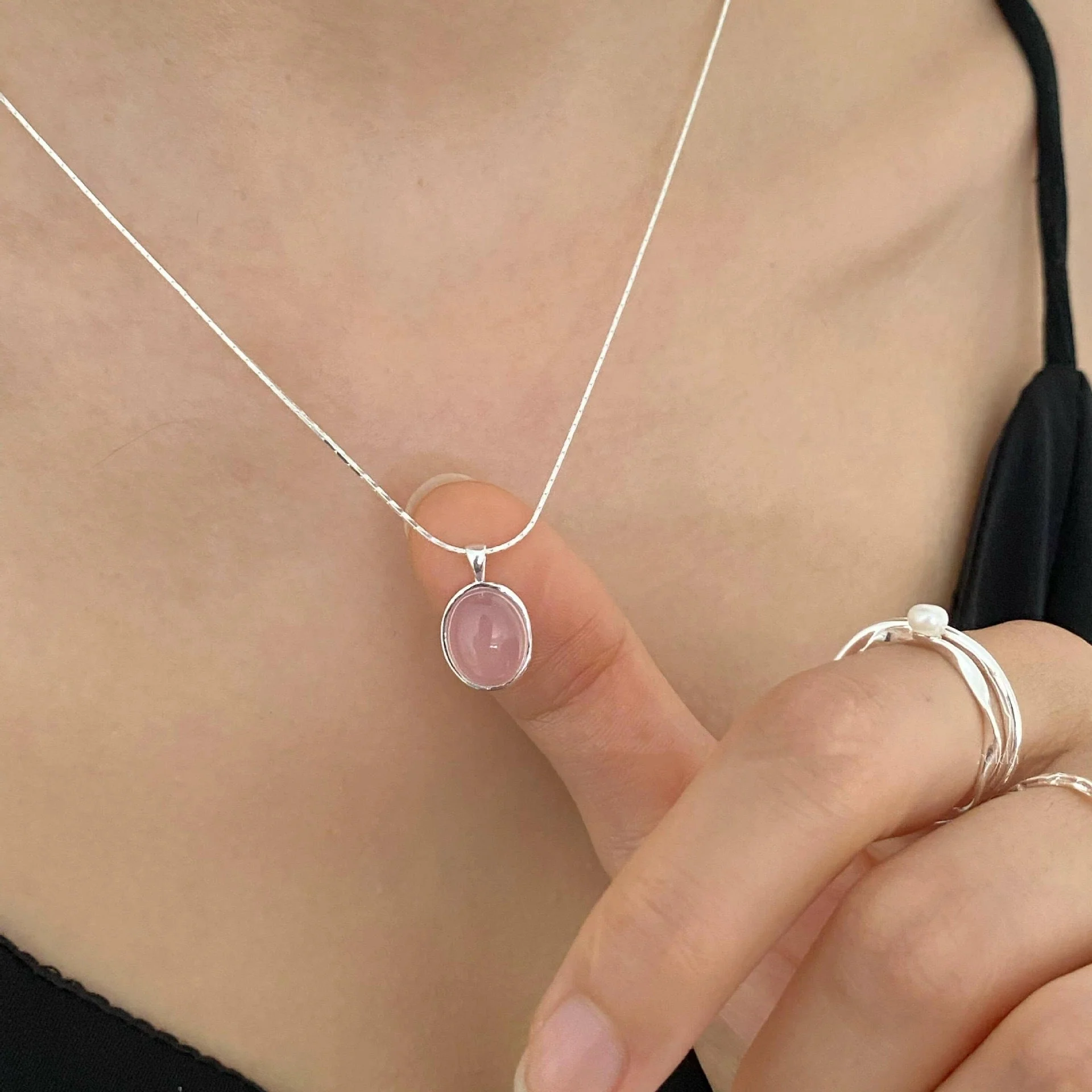 S925 Sterling Silver Pink Chalcedony Necklace