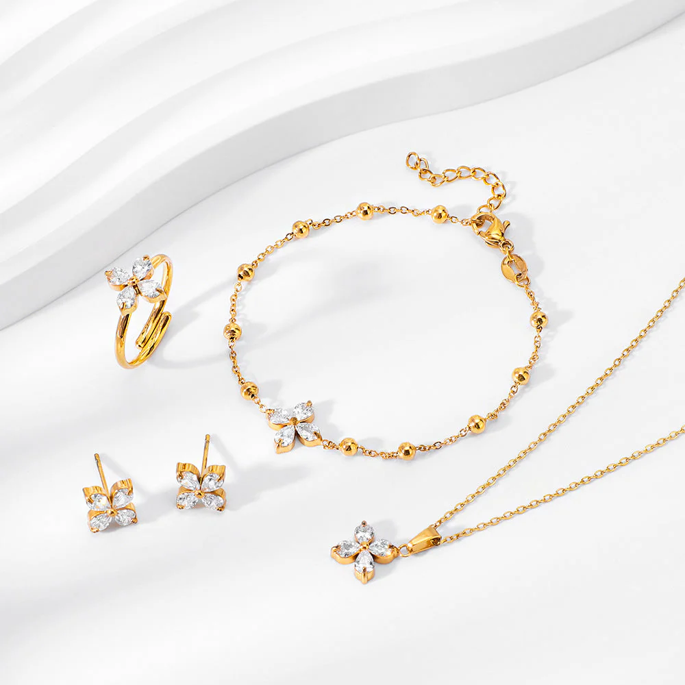 Zircon titanium steel colorfast bracelet necklace ring earrings jewelry set