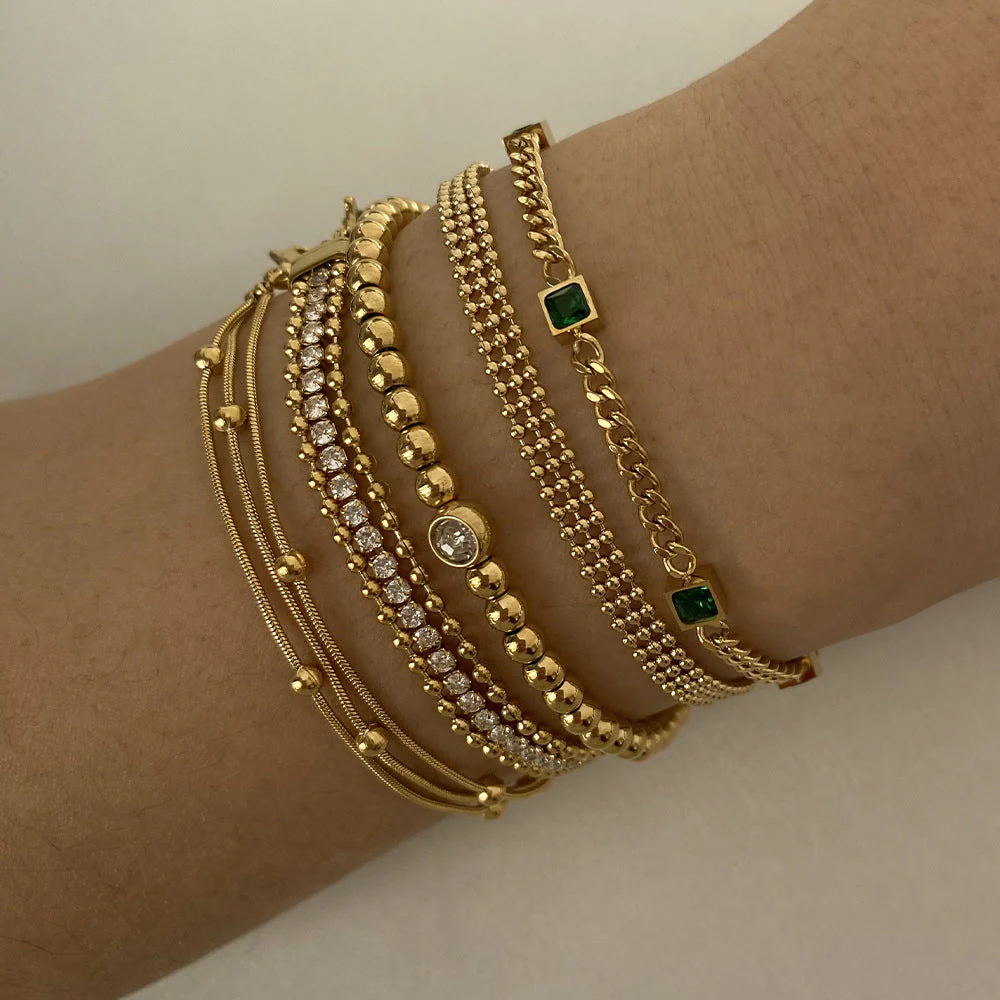 PVD plated small gold bead gold chain stainless steel stacking bracelet