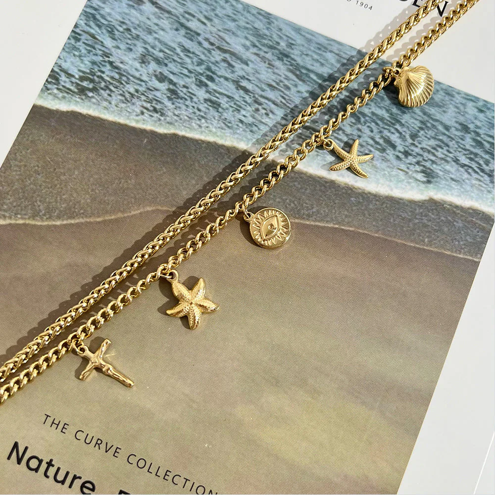 Titanium steel does not fade starfish shell double necklace