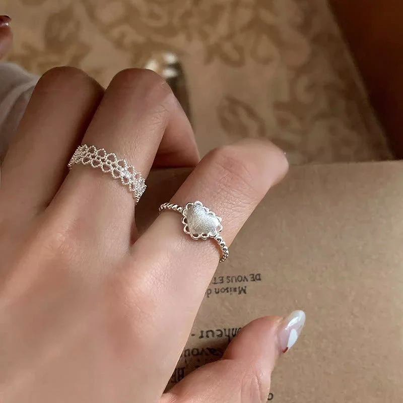 S925 pure silver brushed heart lace lace open ring