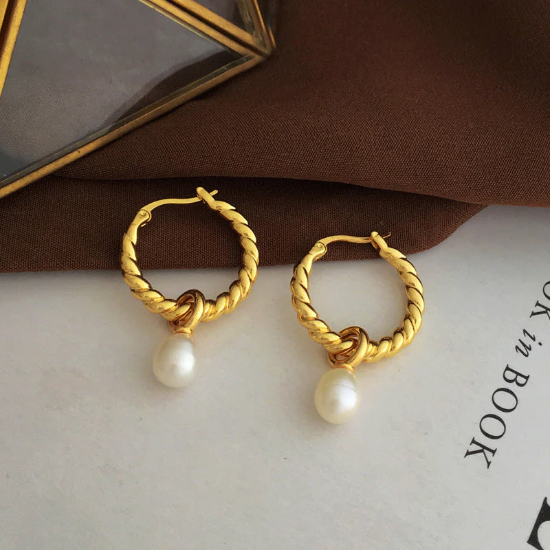 Copper Plated Real Gold Elegant Twist Pearl Earrings