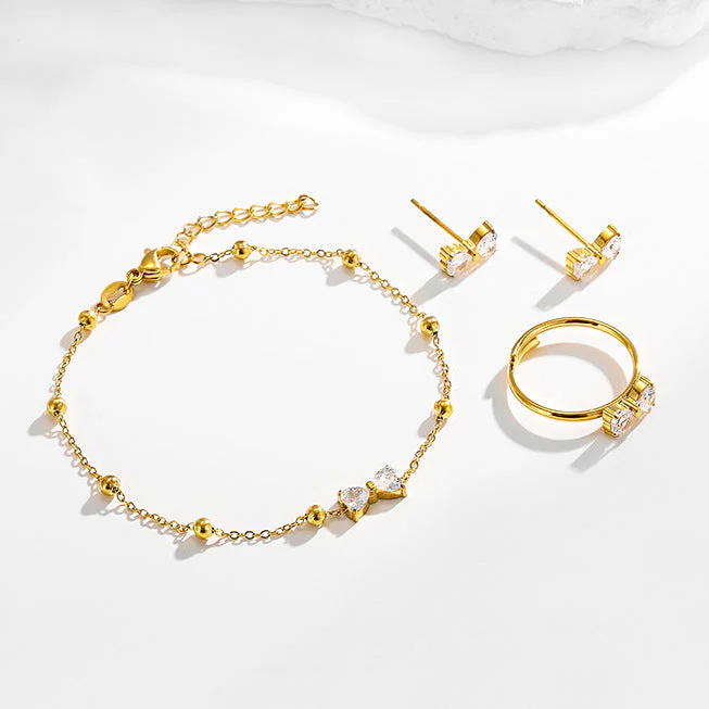 Stainless steel bow zircon bracelet earrings ring set of three
