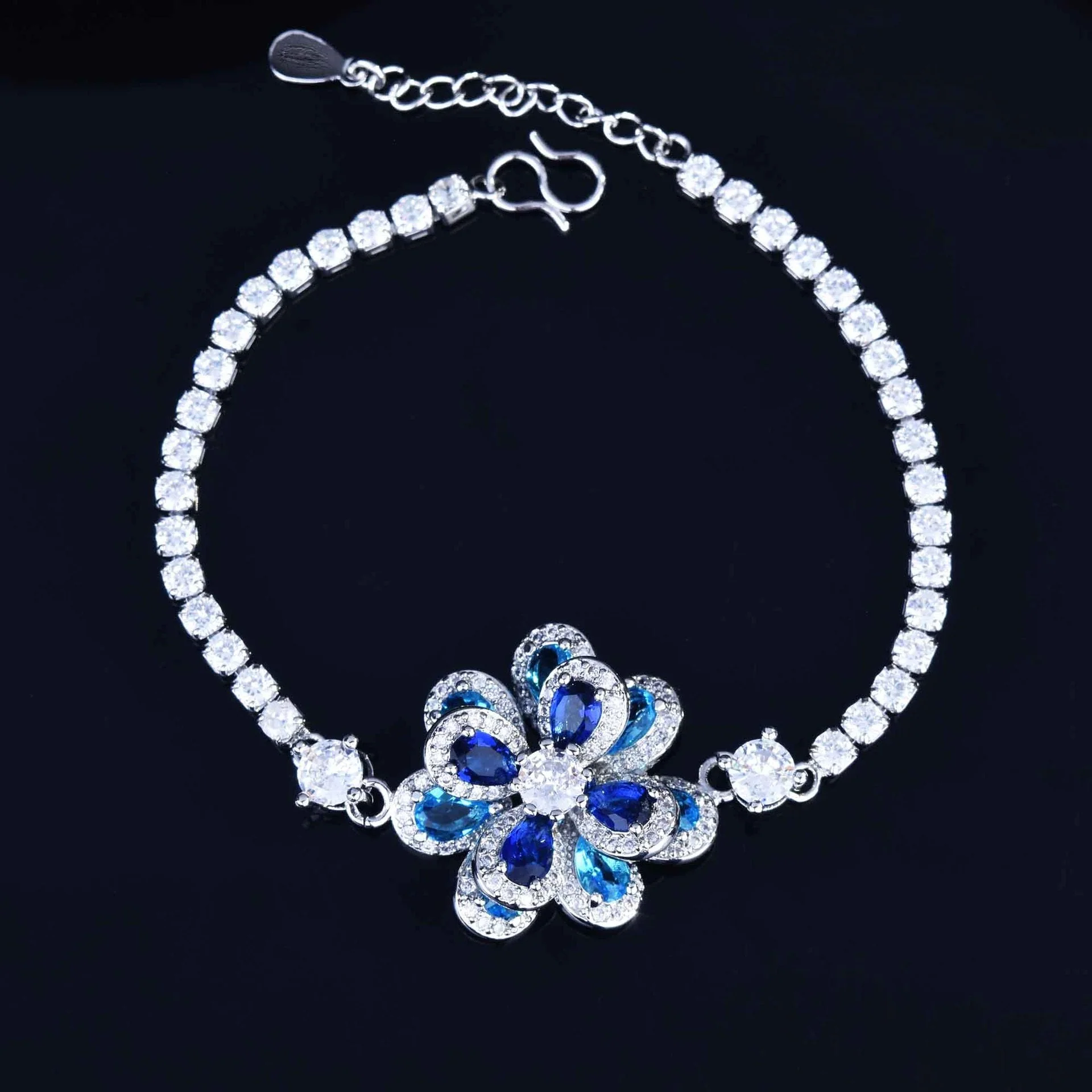 Zircon Flower Silver Needle Earrings Camellia Necklace Bracelet Ring Set