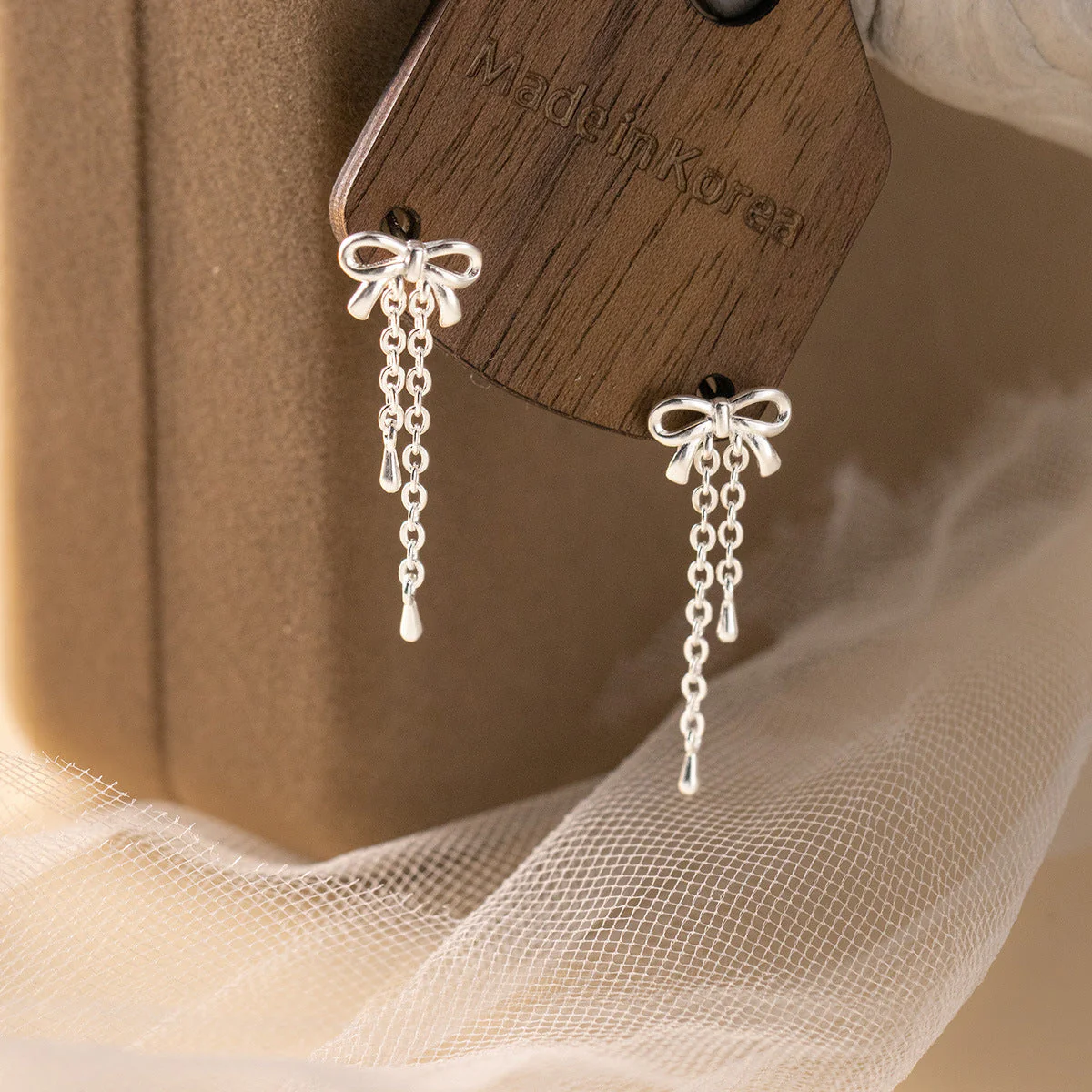 S925 sterling silver bow tassel earrings