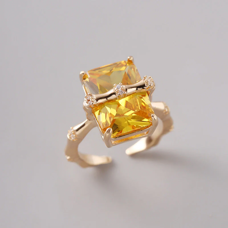 925 sterling silver square citrine bamboo zircon ring