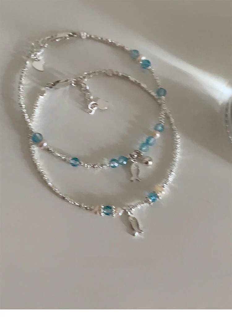 S925 sterling silver blue crystal fish freshwater pearl silver bracelet