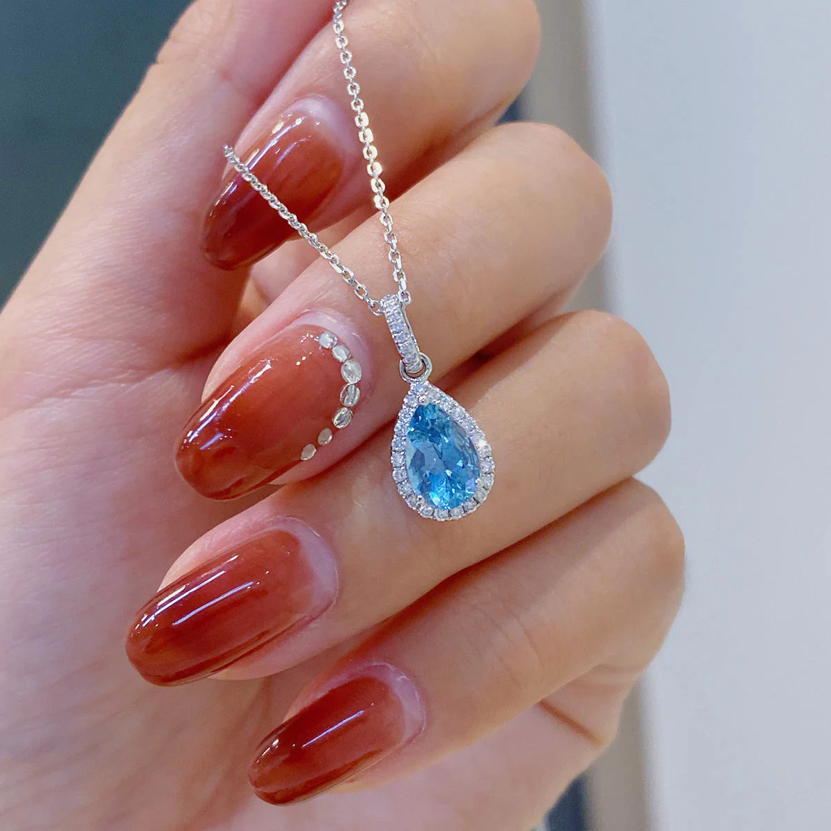 S925 sterling silver sea blue pendant drop necklace