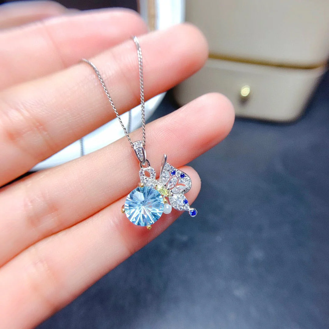 Sky Blue Topaz Fireworks Cut Ring Necklace Butterfly Set
