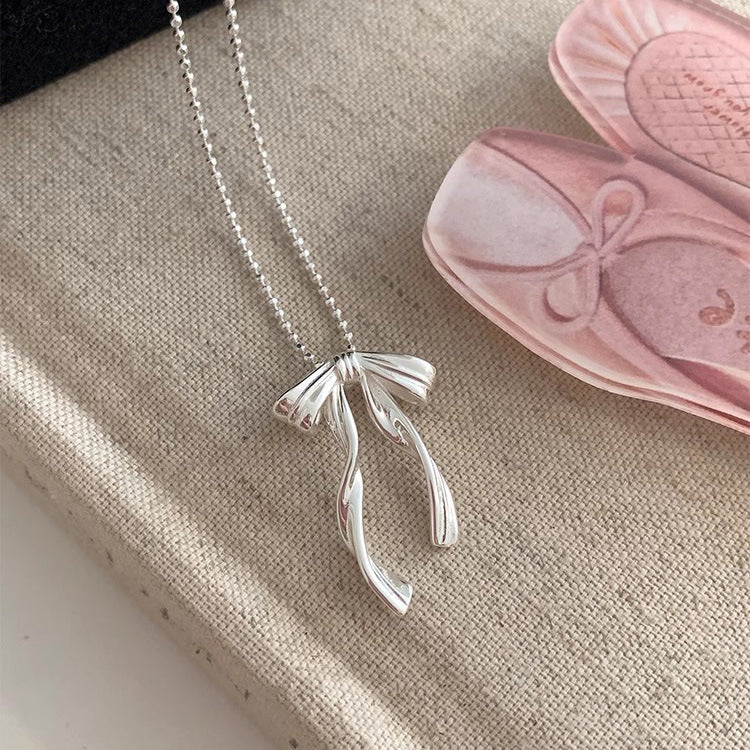 S925 Sterling Silver Ribbon Bow Necklace