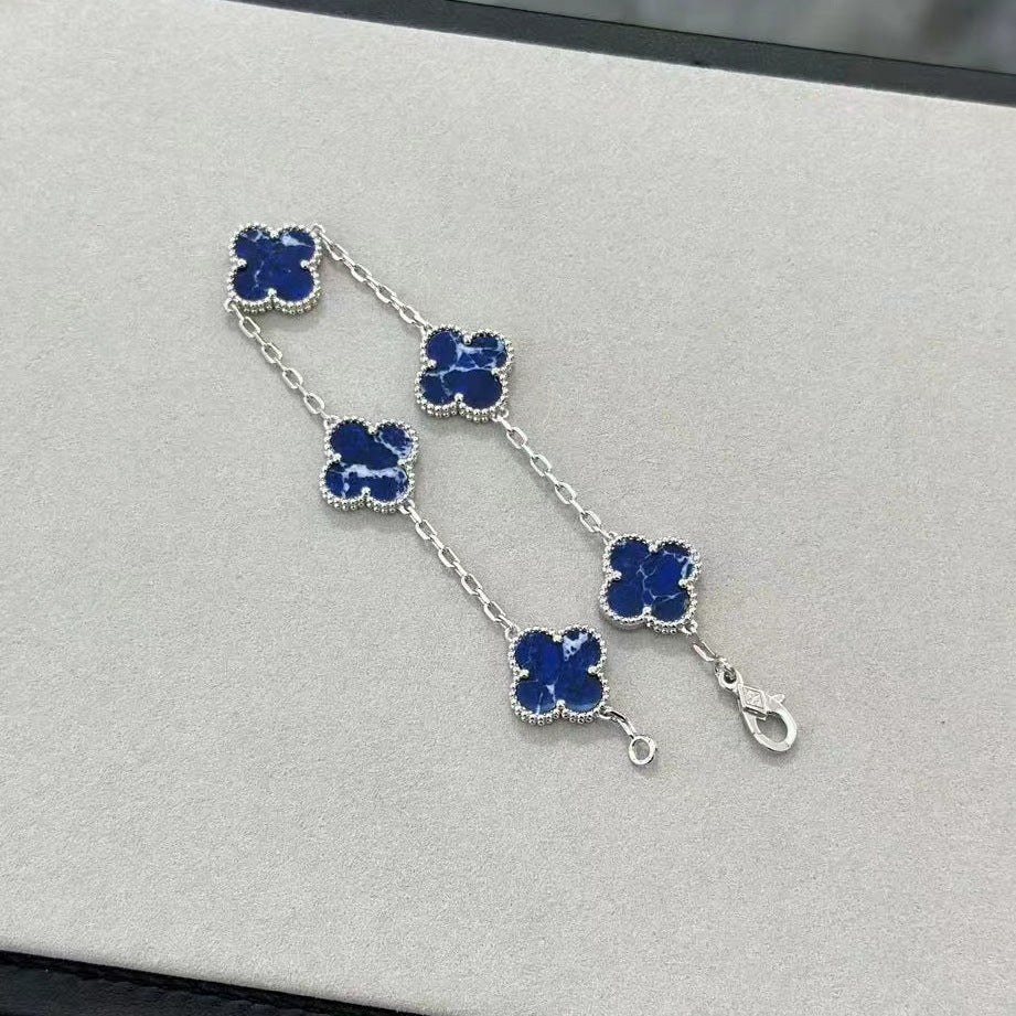 Blue Peter stone clover bracelet silver obsidian necklace bracelet set