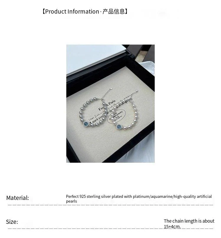 S925 sterling silver Aquamarine Pearl single diamond bracelet