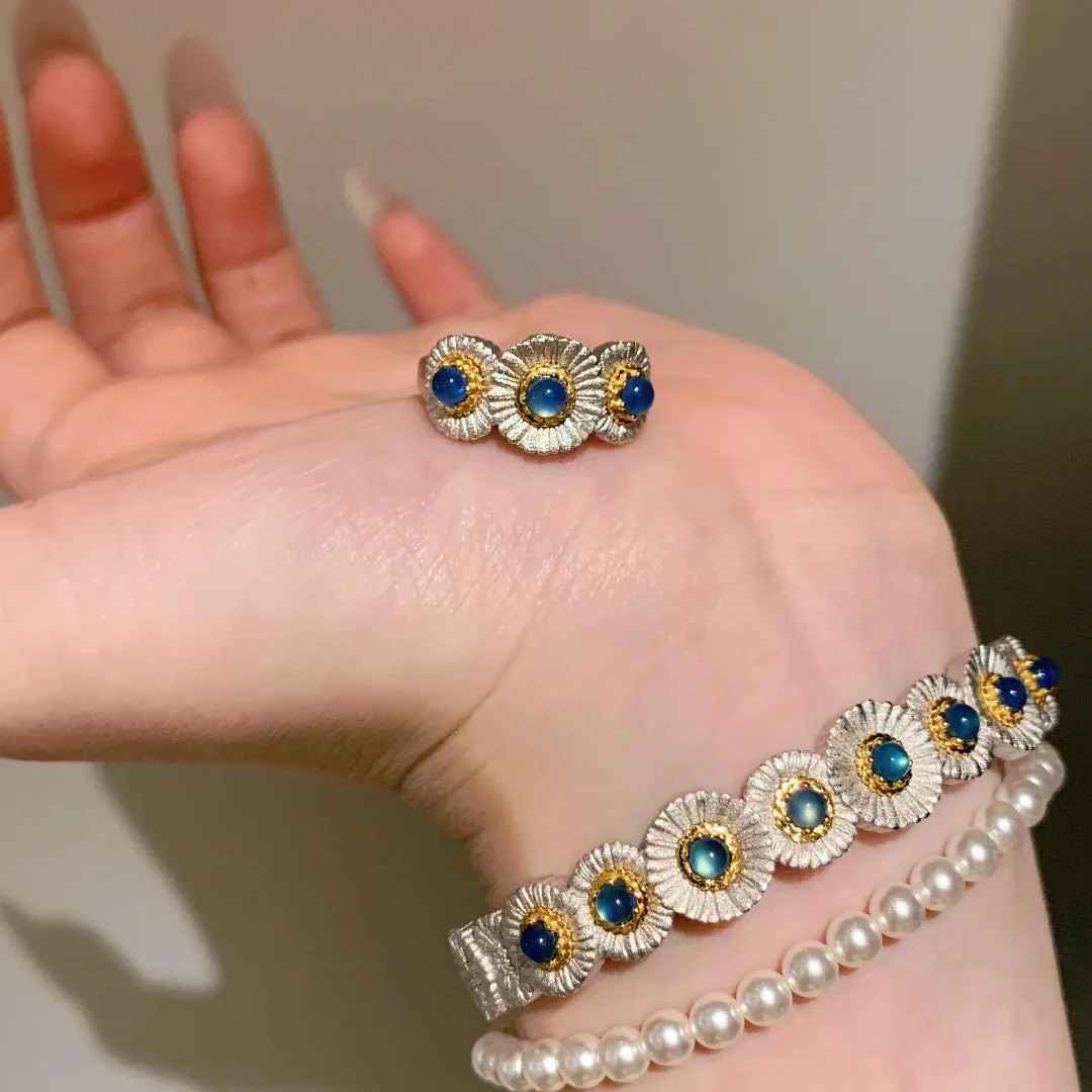 Blue chalcedony daisy bracelet ring set