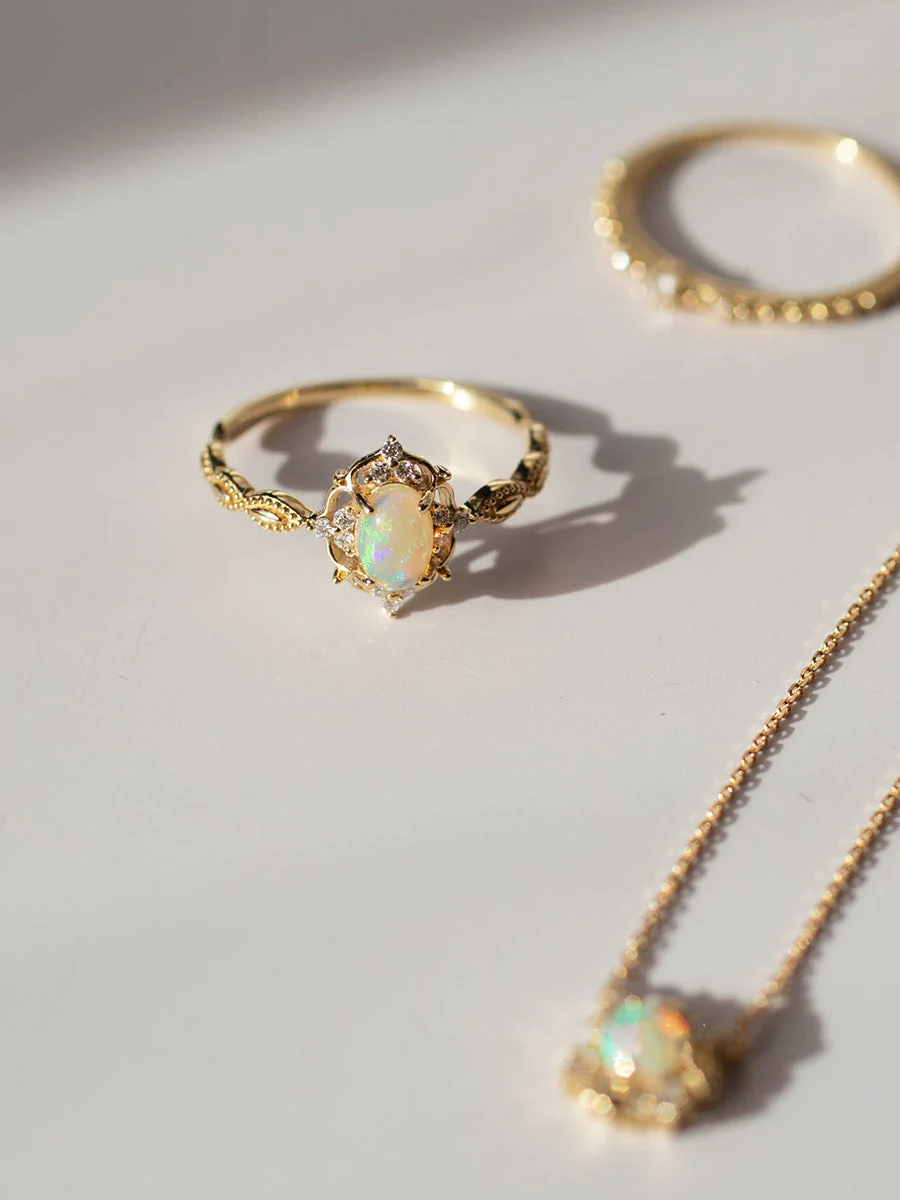 S925 silver plated 18K gold artificial opal ring