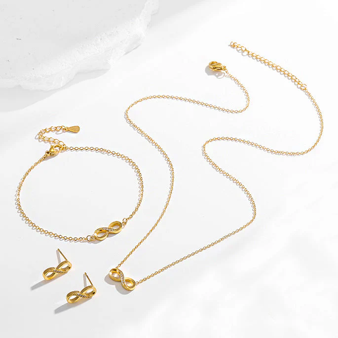 Stainless steel diamond studded infinite loop 8-shaped necklace bracelet earring set