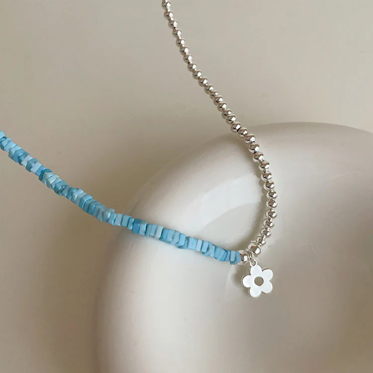 Blue natural stone metal flower necklace