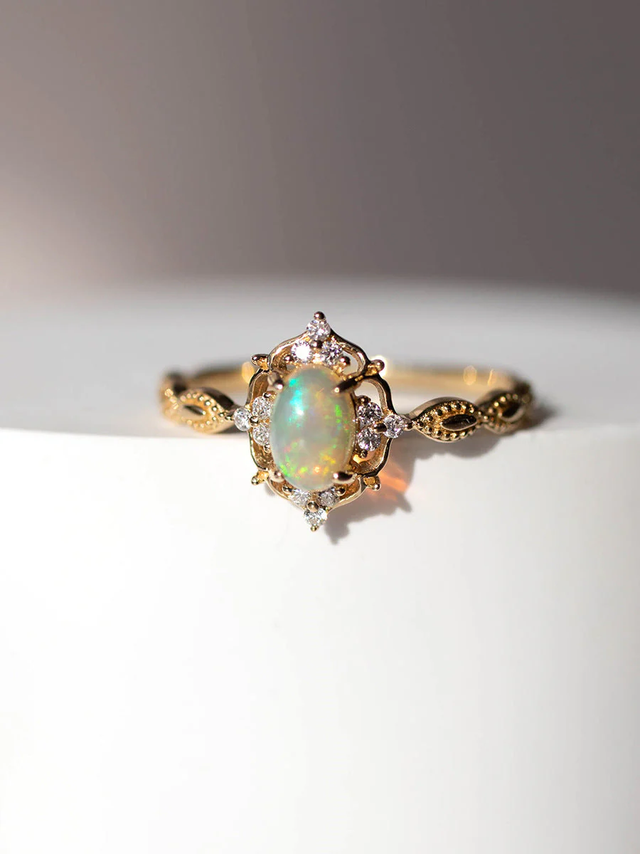 S925 silver plated 18K gold artificial opal ring