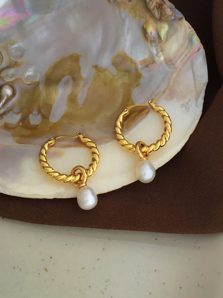 Copper Plated Real Gold Elegant Twist Pearl Earrings