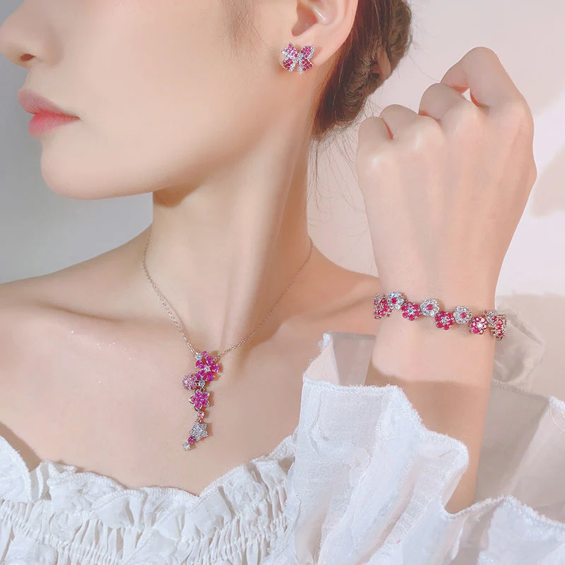 Red corundum zircon flower earrings bracelet necklace set