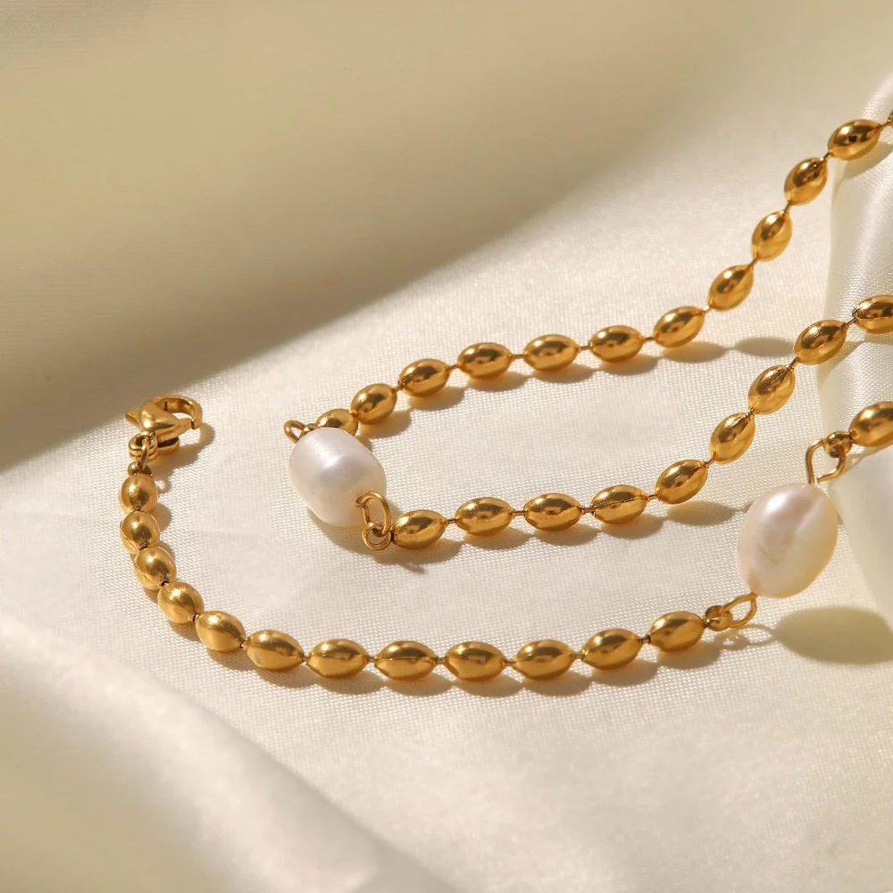 Natural Pearl Gold Stainless Steel Necklace Bracelet