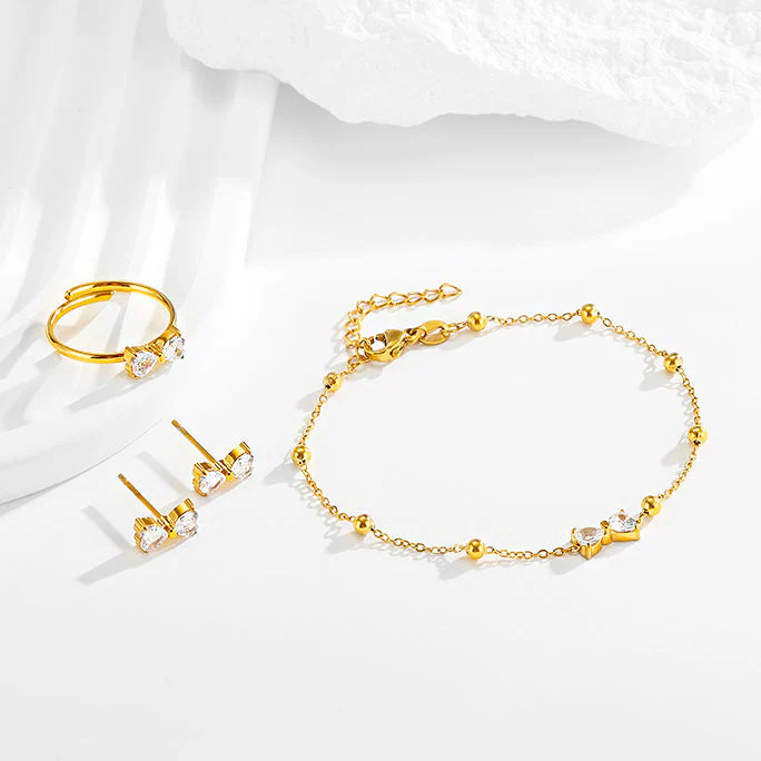 Stainless steel bow zircon bracelet earrings ring set of three
