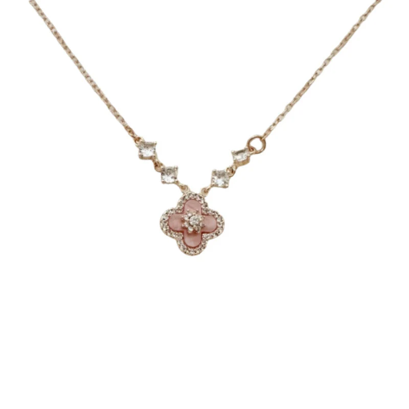 Pink clover flowers with zircon rose gold earrings necklace bracelet ring set