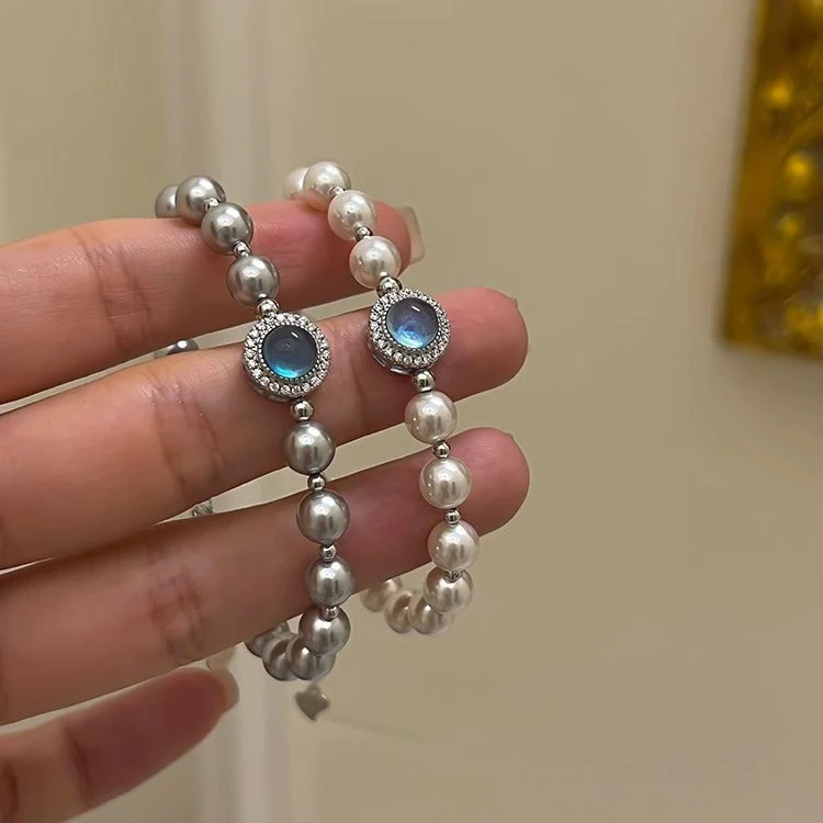 S925 sterling silver Aquamarine Pearl single diamond bracelet