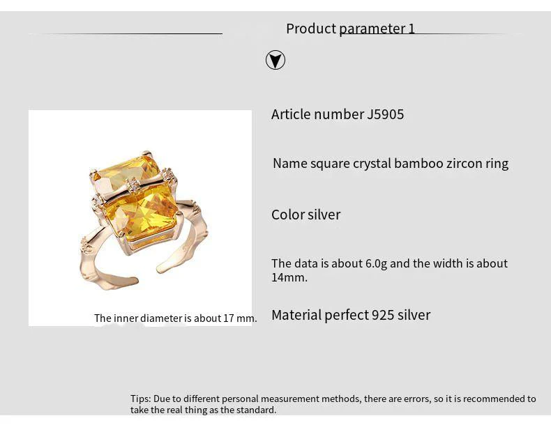 925 sterling silver square citrine bamboo zircon ring