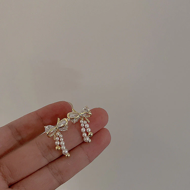 Zircon Pearl Bow Tassel Earrings