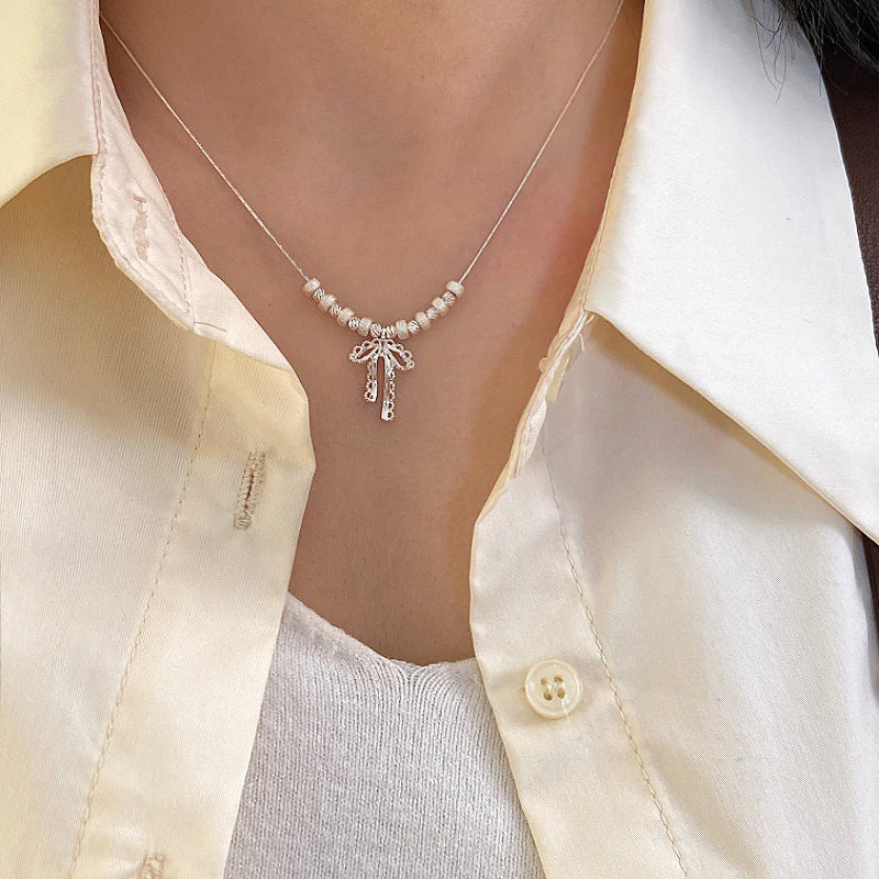 Bow openwork lace thick silver beaded pendant necklace  earrings set