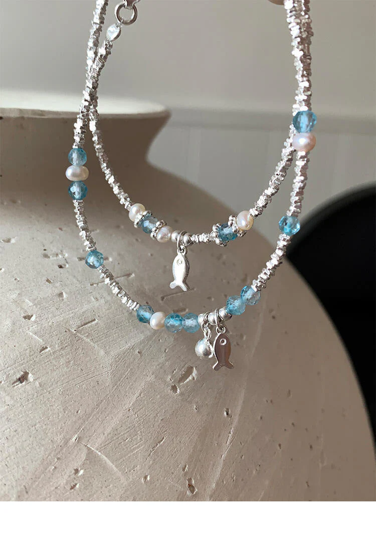 S925 sterling silver blue crystal fish freshwater pearl silver bracelet