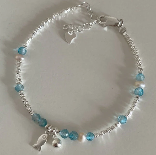 S925 sterling silver blue crystal fish freshwater pearl silver bracelet